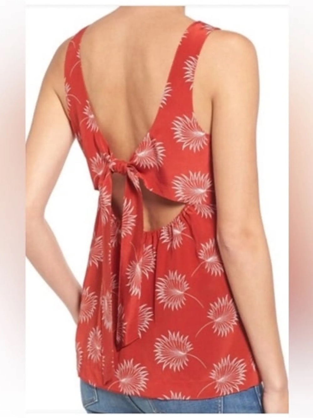 Madewell Lookout Bow Back Silk Tank Top Palm Print Red XXS